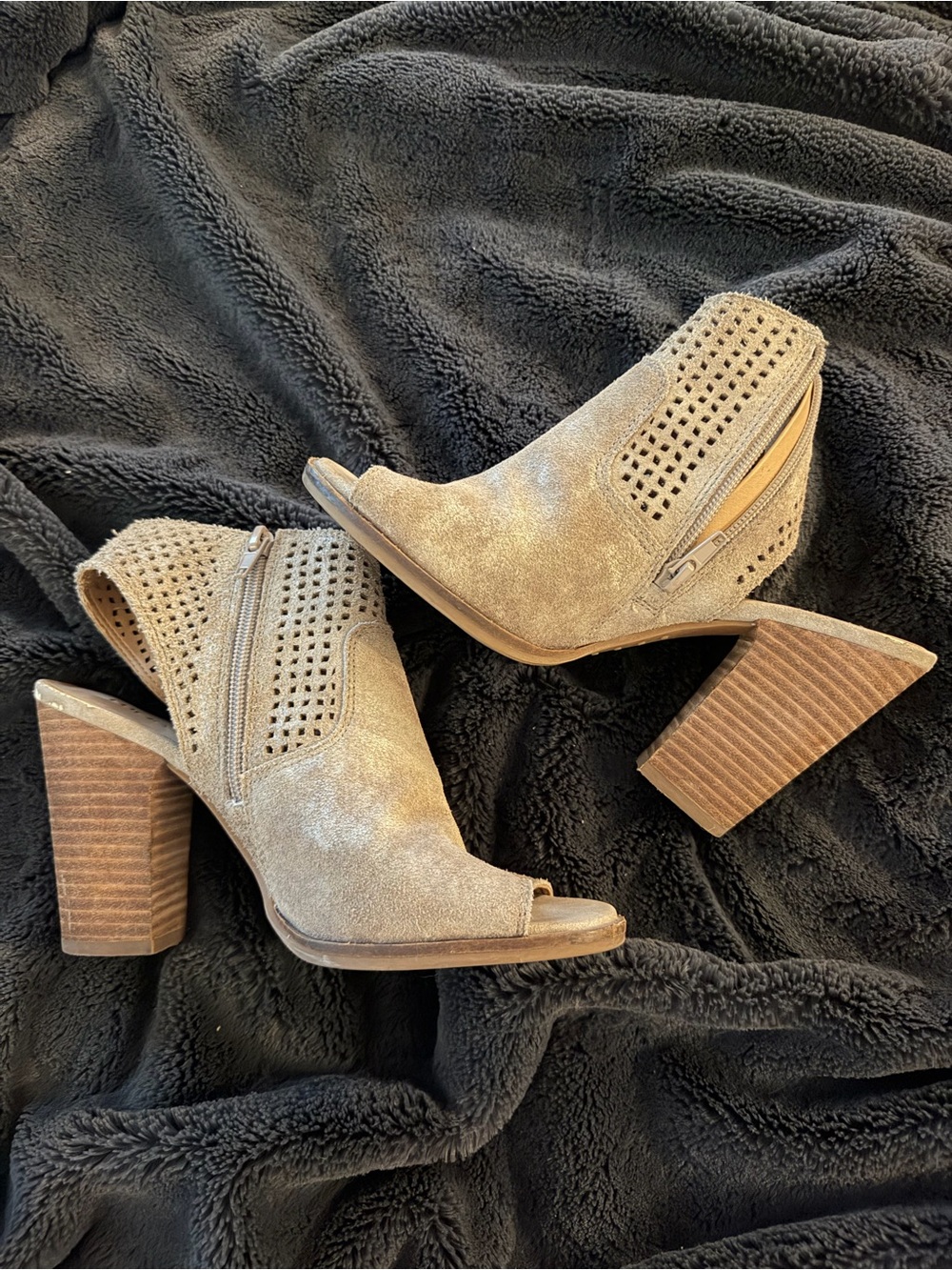 Lucky Brand suede Taupe Perforated Peep-Toe Block Heel Booties